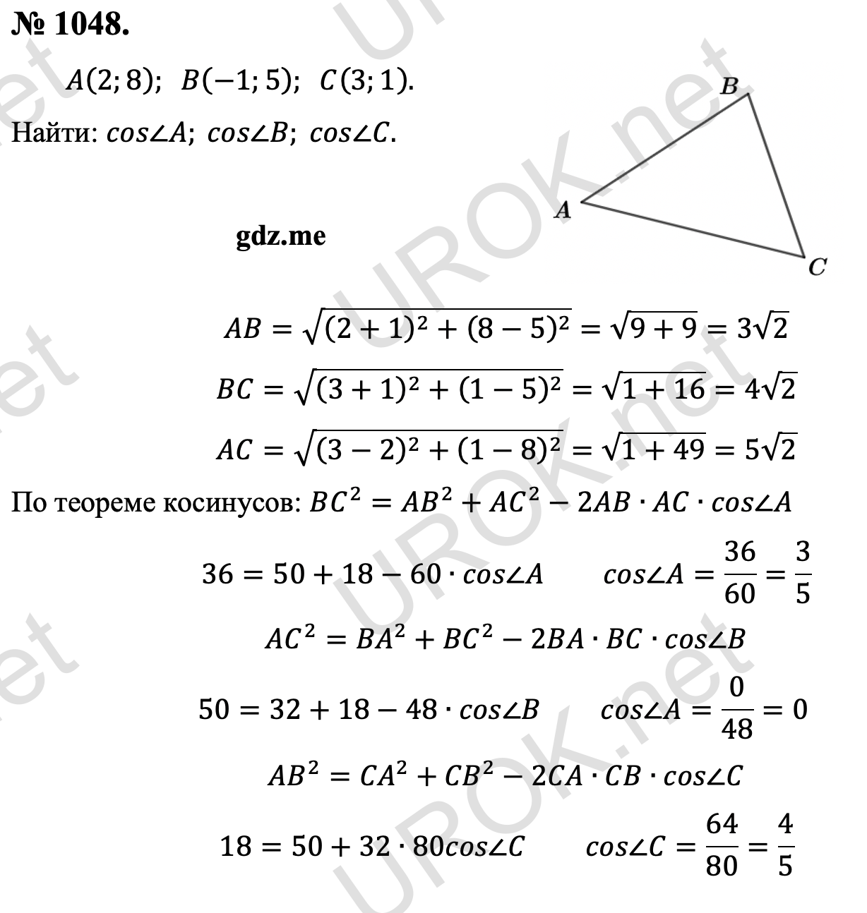 Ответ с подробным решением задания Геометрия 9 класс Атанасян: 1048. Дано: A(2.8).  B(-1.5).  C(3.1). Найти: cos∠A. cos∠B. cos∠C.  AB=√((2+1)^2+(8-5)^2 )=√(9+9)=3√2 BC=√((3+1)^2+(1-5)^2 )=√(1+16)=4√2 AC=√((3-2)^2+(1-8)^2 )=√(1+49)=5√2 По теореме косинусов: BC^2=AB^2+AC^2-2AB∙AC∙cos∠A 36=50+18-60∙cos∠A cos∠A=36/60=3/5 AC^2=〖BA〗^2+〖BC〗^2-2BA∙BC∙cos∠B 50=32+18-48∙cos∠B cos∠A=0/48=0  AB^2=〖CA〗^2+〖CB〗^2-2CA∙CB∙cos∠C 18=50+32∙80cos∠C cos∠C=64/80=4/5 