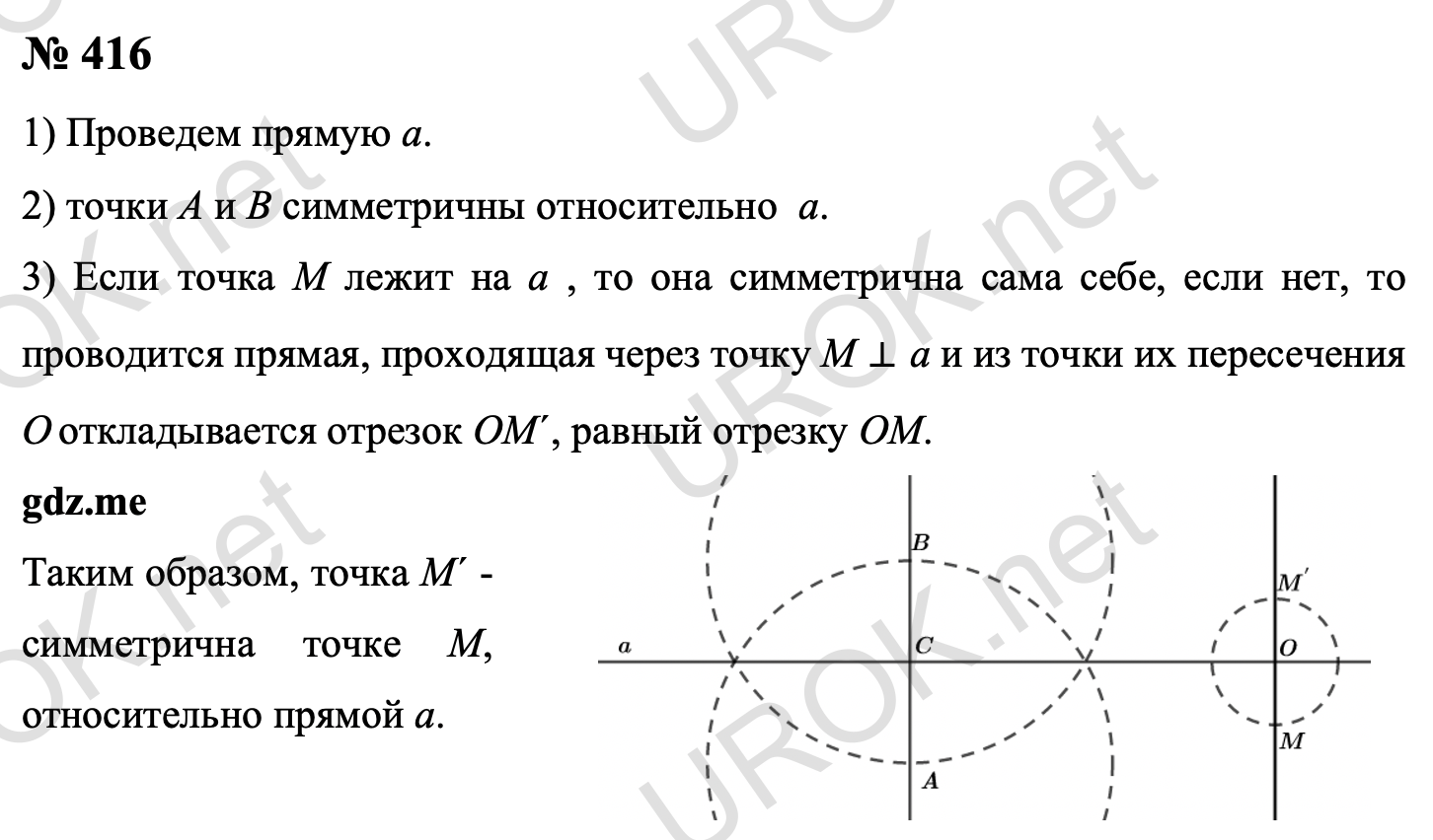 Ответ с подробным решением задания Геометрия 8 класс Атанасян: 416 Сначала строится прямая a, относительно которой точки A и B – симметричны (п. 43 учебника). Если точка M лежит на прямой a , то она симметрична сама себе, если нет, то  проводится прямая, проходящая через точку M перпендикулярно прямой  a и из точки из пересечения O1 откладывается отрезок O1M´, равный отрезку O1M.  Таким образом точка M´ - симметрична точке M, относительно прямой a. 