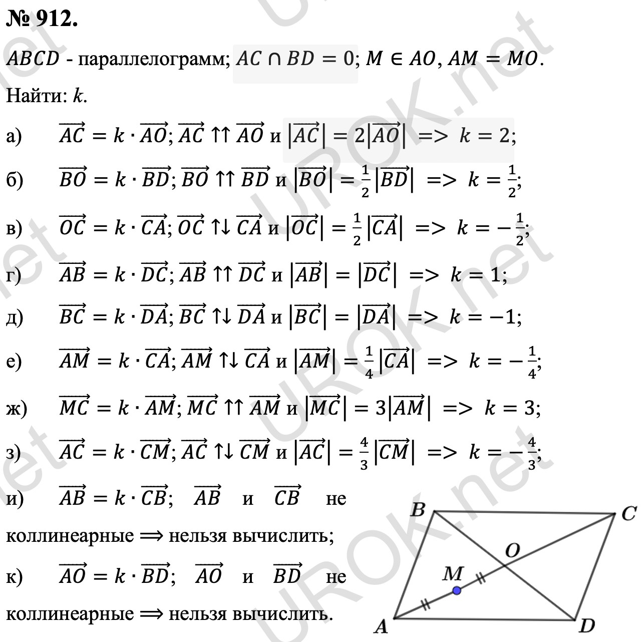 Ответ с подробным решением задания Геометрия 9 класс Атанасян: 912. Дано: ABCD - параллелограмм. AC∩BD=0. M∈AO, AM=MO. Найти: k. (AC) ⃗=k∙(AO) ⃗. (AC) ⃗↑↑(AO) ⃗ и |(AC) ⃗ |=2|(AO) ⃗ |, то k=2. (BO) ⃗=k∙(BD) ⃗. (BO) ⃗↑↑(BD) ⃗ и |(BO) ⃗ |=1/2 |(BD) ⃗ |, то k=1/2. (OC) ⃗=k∙(CA) ⃗. (OC) ⃗↑↓(CA) ⃗ и |(OC) ⃗ |=1/2 |(CA) ⃗ |, то k=-1/2. (AB) ⃗=k∙(DC) ⃗. (AB) ⃗↑↑(DC) ⃗ и |(AB) ⃗ |=|(DC) ⃗ |, то k=1. (BC) ⃗=k∙(DA) ⃗. (BC) ⃗↑↓(DA) ⃗ и |(BC) ⃗ |=|(DA) ⃗ |, то k=-1. (AM) ⃗=k∙(CA) ⃗. (AM) ⃗↑↓(CA) ⃗ и |(AM) ⃗ |=1/4 |(CA) ⃗ |, то k=-1/4. (MC) ⃗=k∙(AM) ⃗. (MC) ⃗↑↑(AM) ⃗ и |(MC) ⃗ |=3|(AM) ⃗ |, то k=3. (AC) ⃗=k∙(CM) ⃗. (AC) ⃗↑↓(CM) ⃗ и |(AC) ⃗ |=4/3 |(CM) ⃗ |, то k=-4/3. (AB) ⃗=k∙(CB) ⃗. (AB) ⃗ и (CB) ⃗ не коллинеарные ⟹ нельзя вычислить. (AO) ⃗=k∙(BD) ⃗. (AO) ⃗ и (BD) ⃗ не коллинеарные ⟹ нельзя вычислить. 