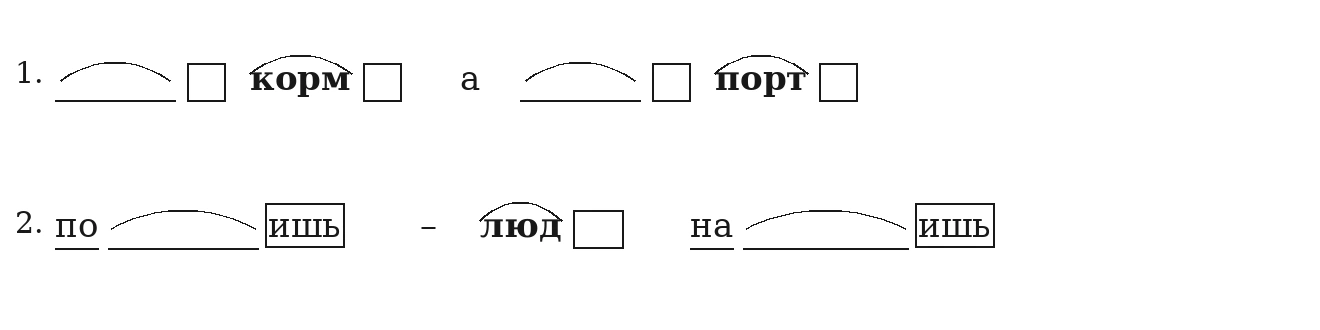 Схемы слов: корень и окончание; корм- с окончанием; корень и окончание; порт- с окончанием; по- + корень + -ишь; люд- + окончание; на- + корень + -ишь