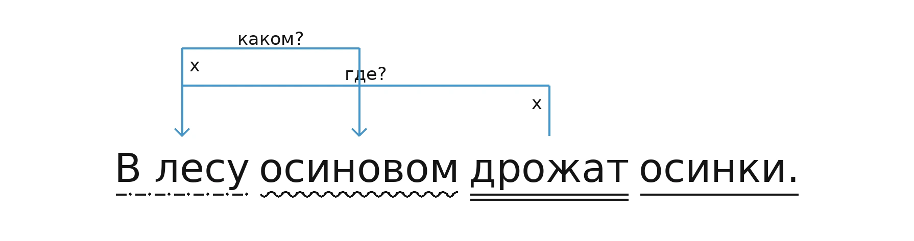 Схема: дрожат (где?) в лесу; лесу (каком?) осиновом