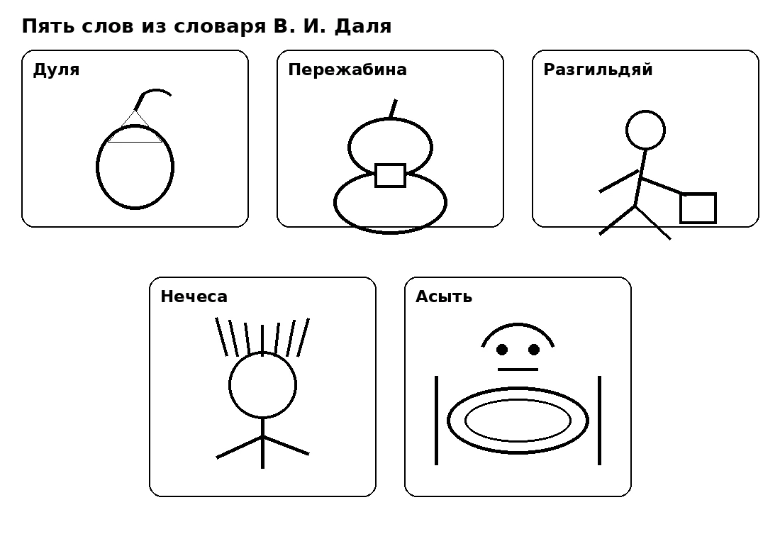 Иллюстрации к словам из словаря Даля: дуля, пережабина, разгильдяй, нечеса, асыть