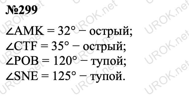 Ответ с подробным решением задания Математика 5 класс Мерзляк: 299 ∠AMK = 32° − острый; ∠CTF = 35° − острый; ∠POB = 120° − тупой; ∠SNE = 125° − тупой.     	