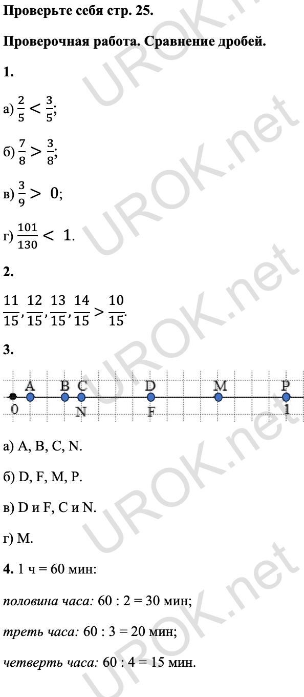 Ответ: Проверьте себя стр. 25. Проверочная работа. Сравнение дробей. 1. а) 2/5<3/5; б) 7/8>3/8; в) 3/9> 0; г) 101/130< 1. 2. 11/15,12/15,13/15,14/15>10/15. 3. а) A, B, C, N. б) D, F, M, P. в) D и F, C и N. г) M. 4. 1 ч = 60 мин: половина часа: 60 : 2 = 30 мин; треть часа: 60 : 3 = 20 мин; четверть часа: 60 : 4 = 15 мин.